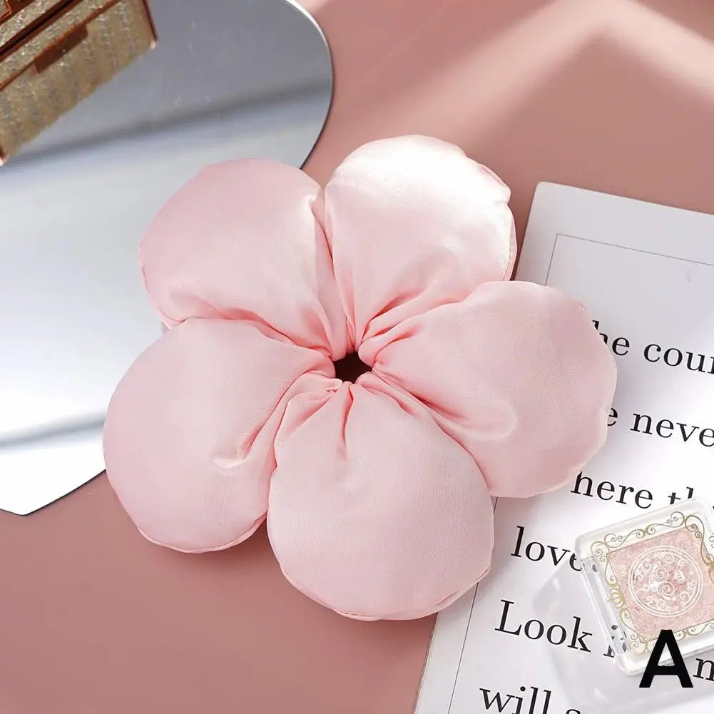 Pink Flower Sponge Scrunchie Hair Tie - Sweet Girl Hair Accessory - lily supply