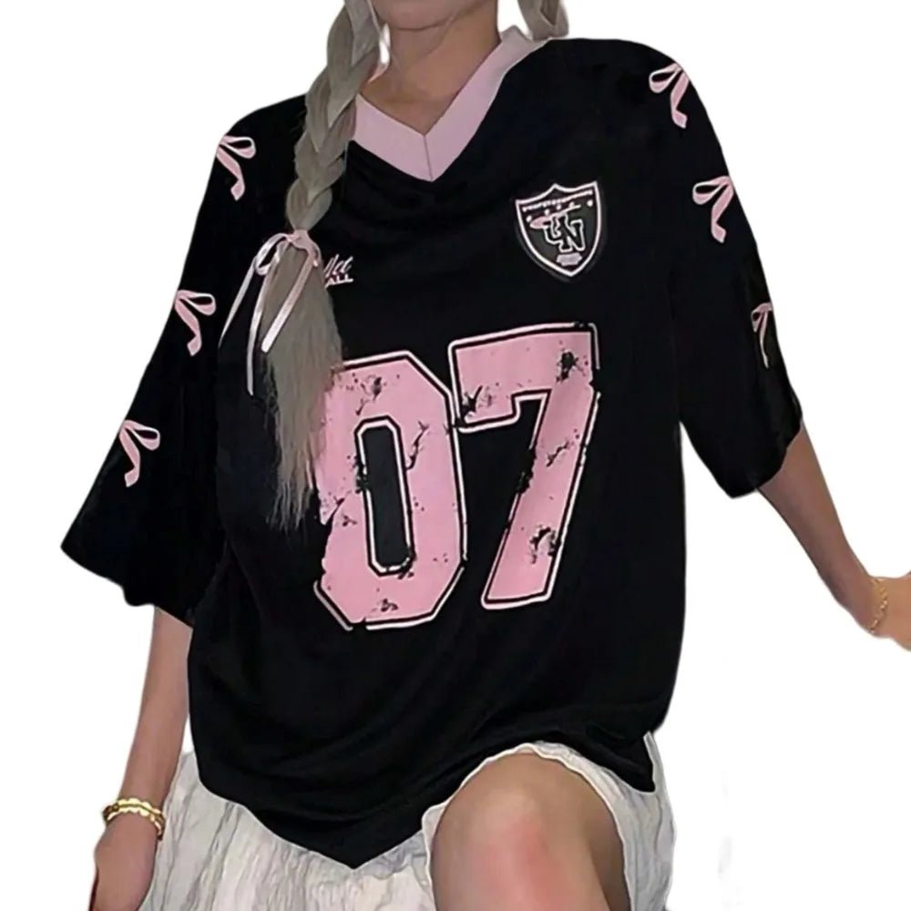 V - neck Sports Tennis T-shirts Teenagers Adolescent Number Print Female Crop Tops Casual Large Size Bow Letter Shirt - lily supply