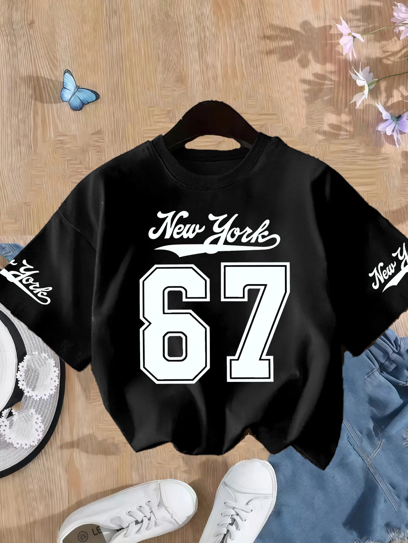 Girls' Number 67 New York Print Summer Short - Sleeve Pure Cotton T-Shirt Pink Elastic Round Neck Children's Top Fashion Design - lily supply