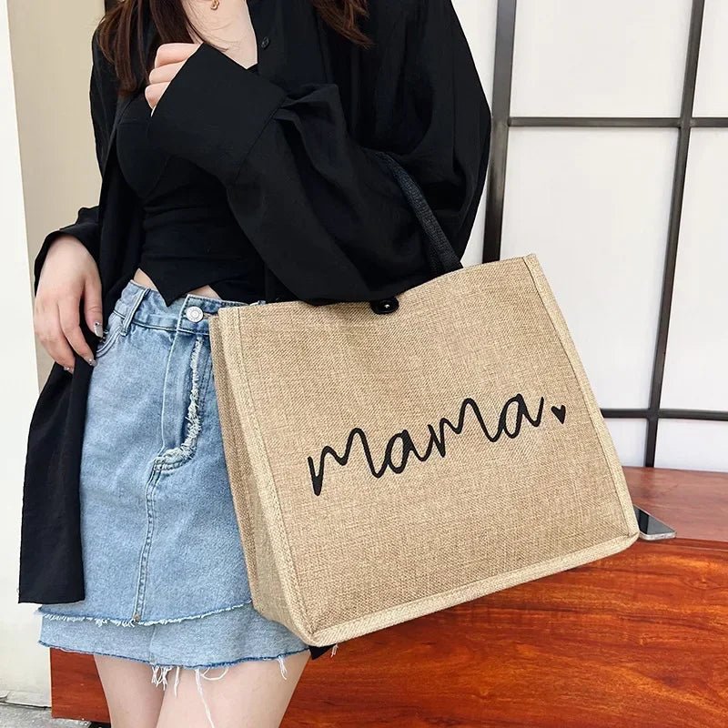 Mama Letter Print Linen Tote Bag - Large Capacity Baby Diaper Shoulder Bag - lily supply