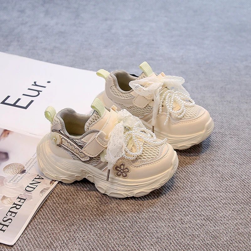 Girls Princess Sneakers Sweet Lace Beading Bows Children Sports Shoes Mesh Breathable 2025 Autumn New Kids Running Shoes Soft - lily supply