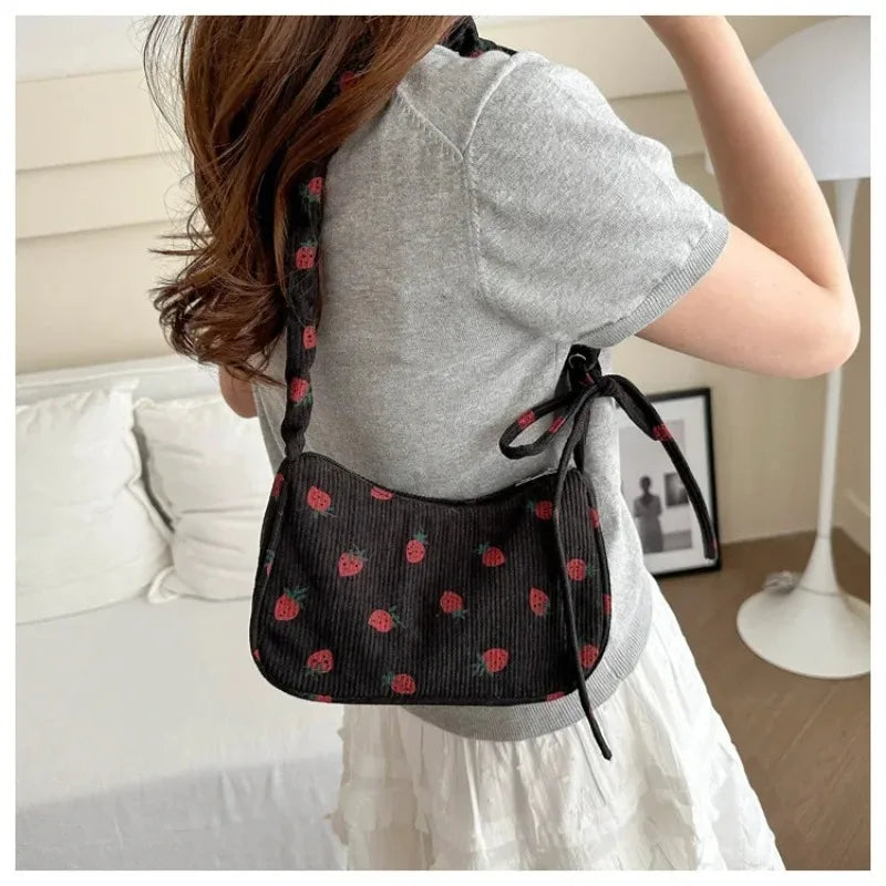 Women's Corduroy Strawberry Mini Shoulder Bag - Cute Half Moon Tote