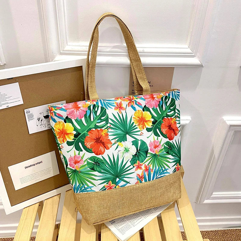 Women's Floral Printed Beach Shopping Large Capacity Tote Bag