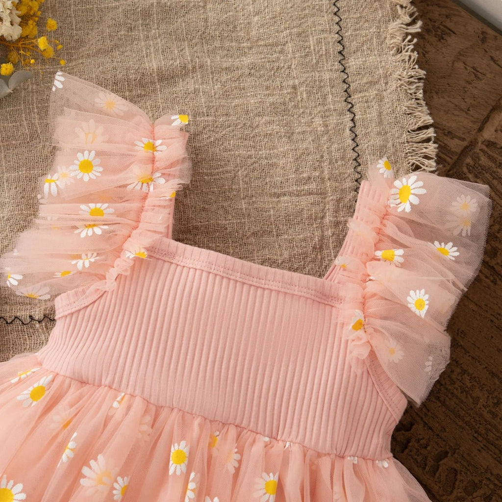 Girls Daisy Print Tulle Summer Dress | Cute Princess Baby Girl Dress 6M - 3Y - lily supply