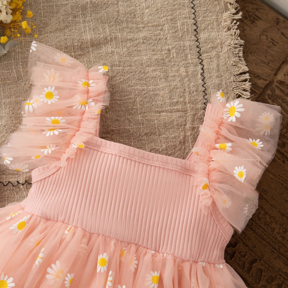 Girls Daisy Print Tulle Summer Dress | Cute Princess Baby Girl Dress 6M - 3Y - lily supply