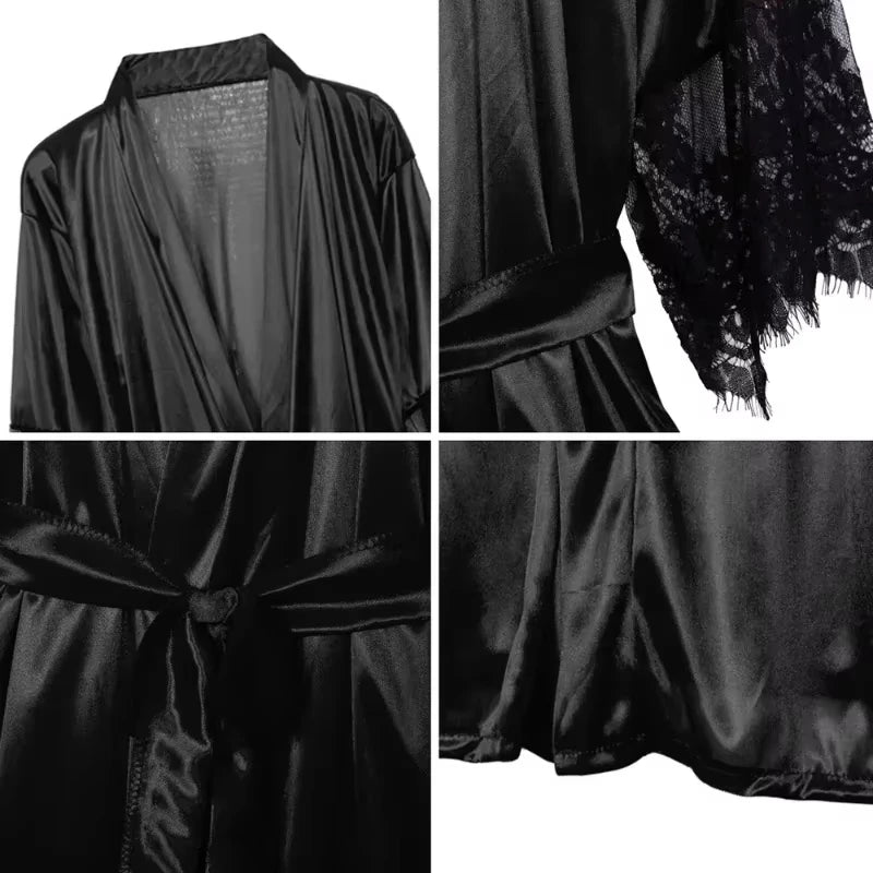 Women Night Gown Robe with G String Floral Lace Bathrobe Halt Sleeve Nightdress Female French Sexy Silky Satin Sleepwear - lily supply