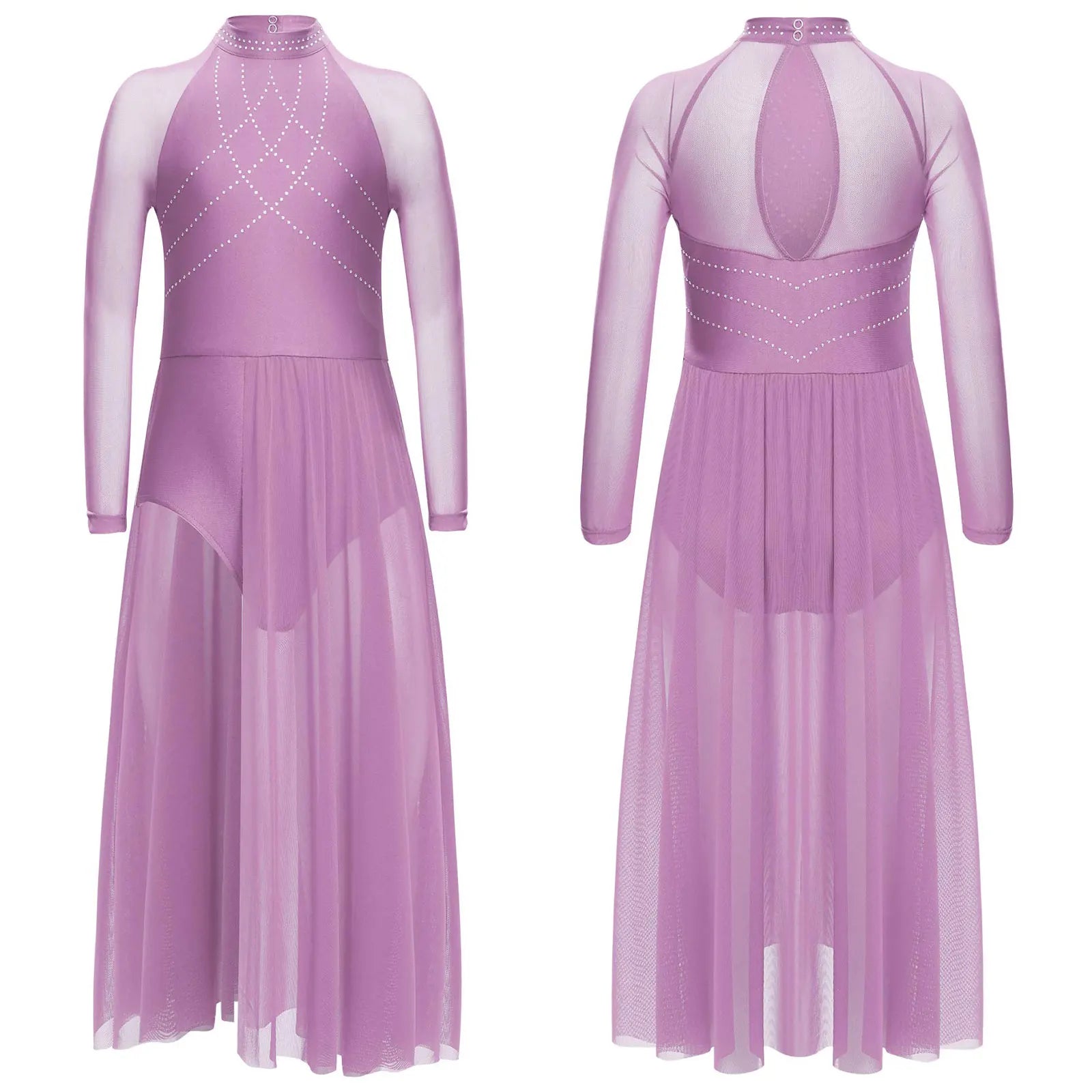 Girls Lyrical Dance Dress | Rhinestone Mesh Keyhole Back Leotard Costume Size 6 - 16 - lily supply