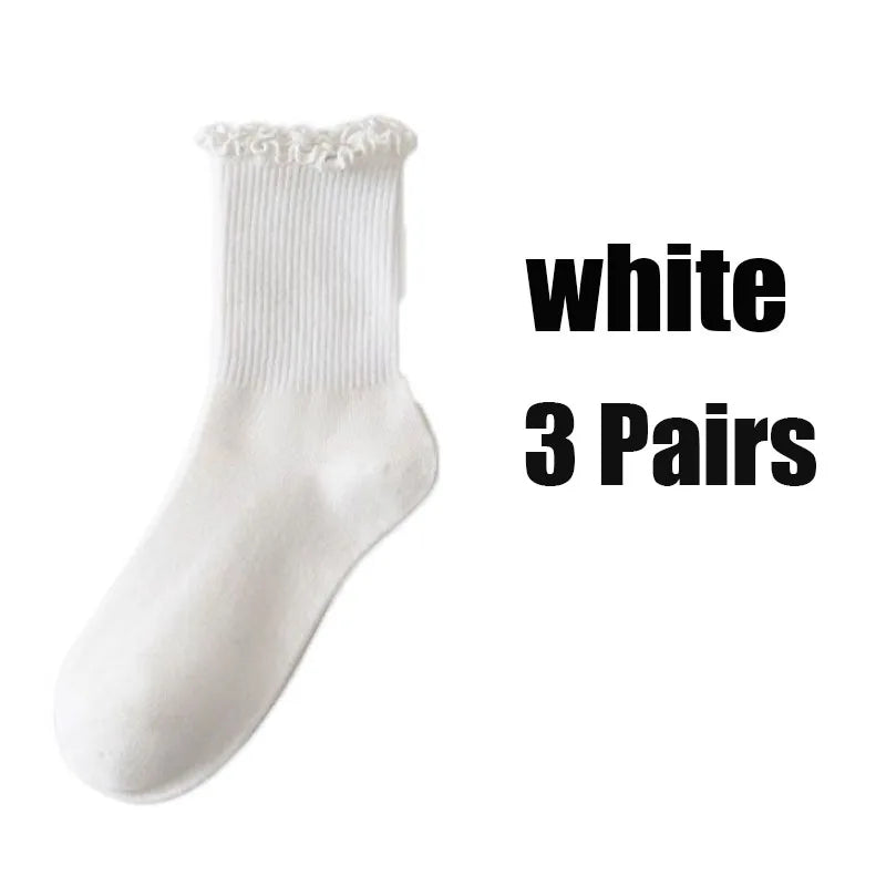 Women's Ruffle Mid Tube Ankle Socks - Breathable Cotton Black White Beige
