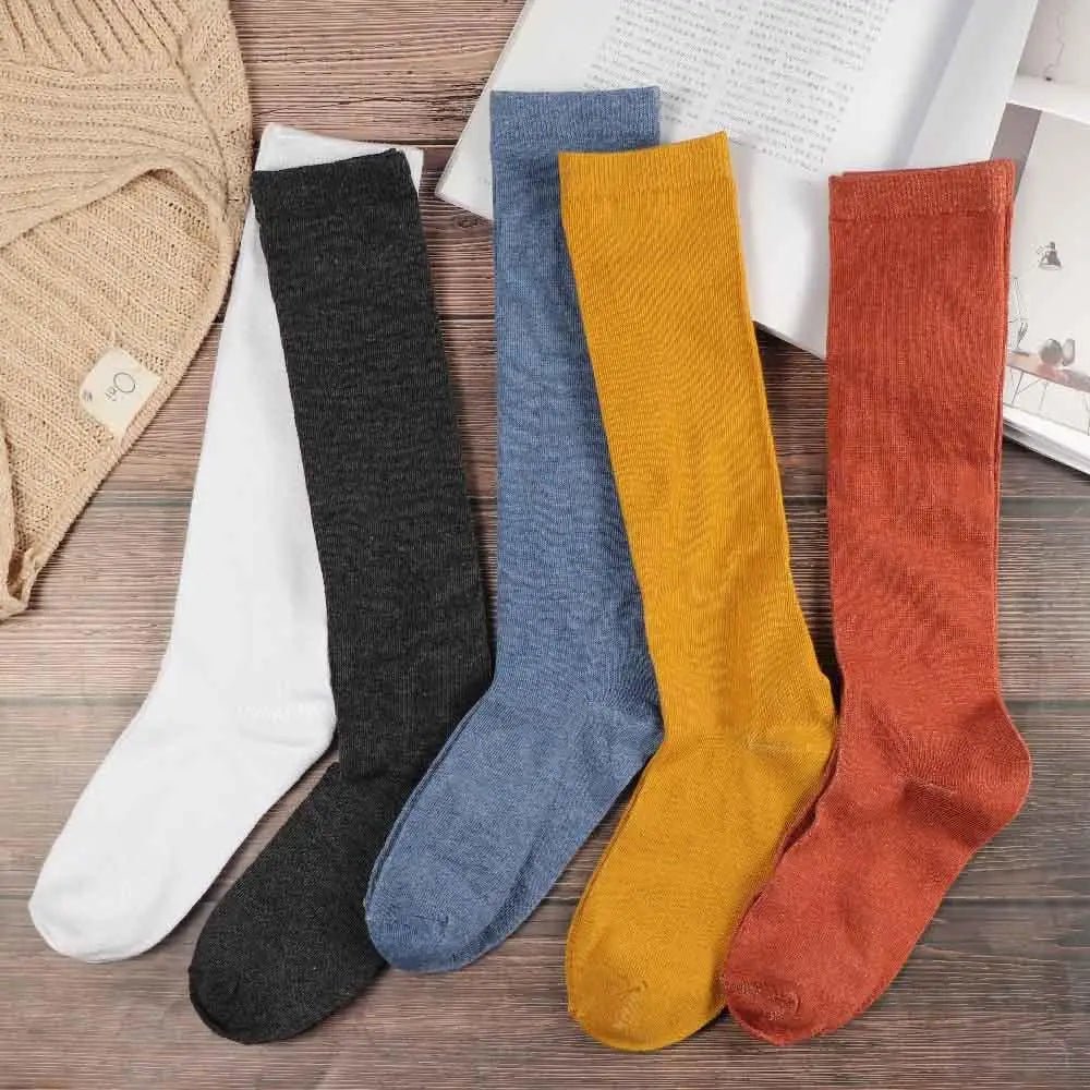 Women's JK Cotton Knee High Long Socks - Solid Colour Black White Calf Socks - lily supply