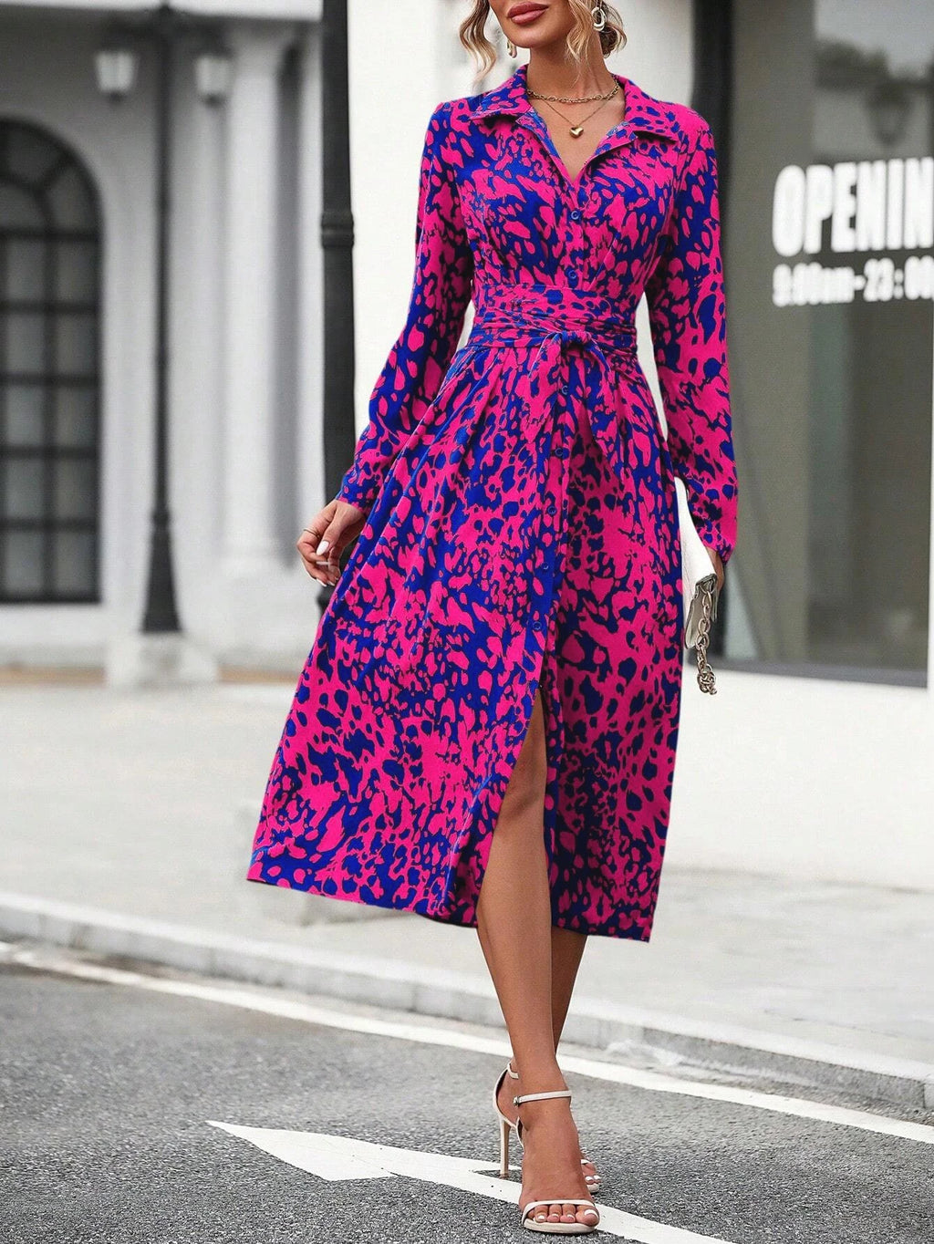 Women's Belted Shirt Midi Dress