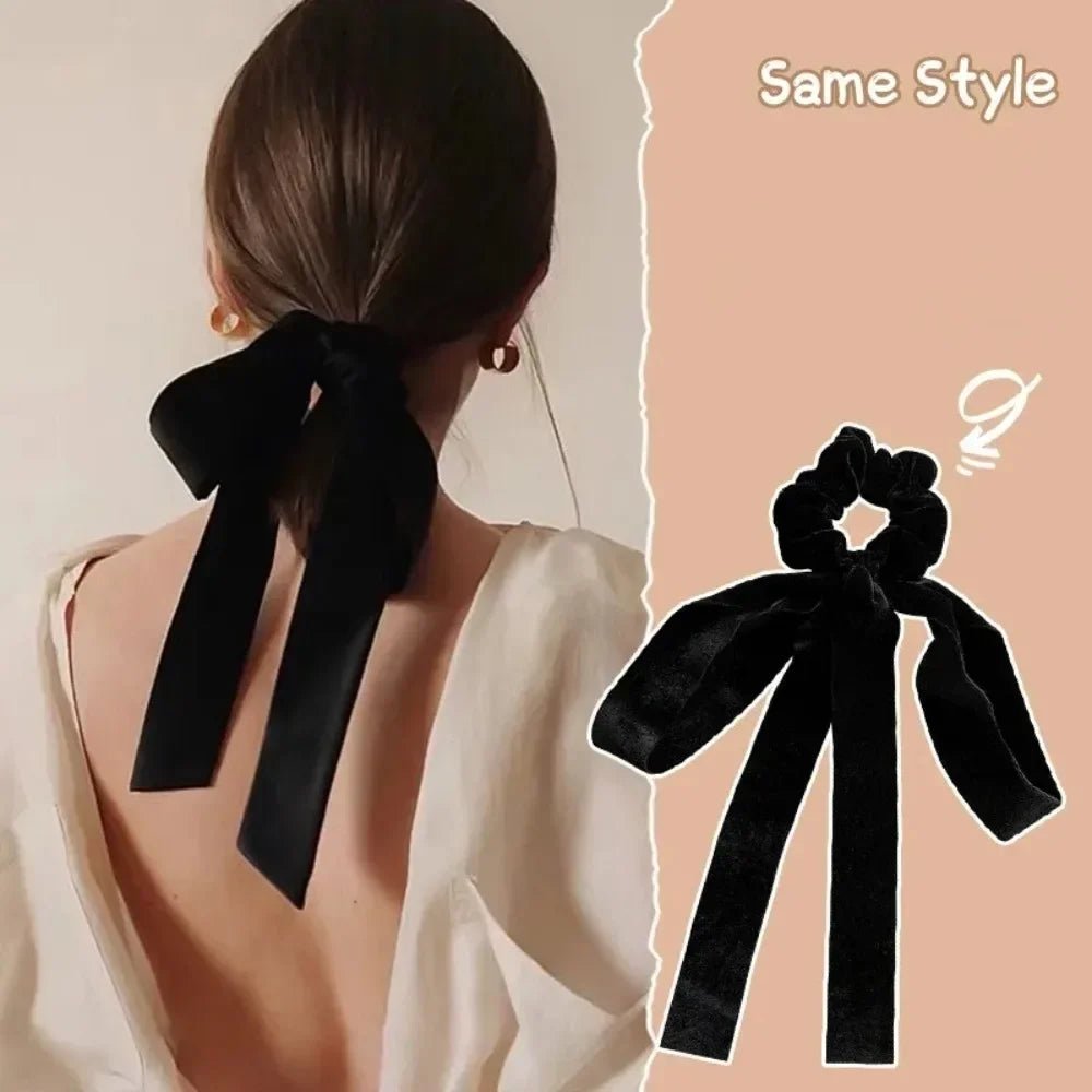 Vintage Black Velvet Bow Ribbon Scrunchie - Long Elastic Hair Tie for Women - lily supply