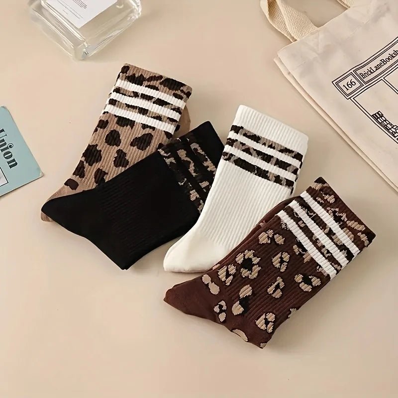 4 Pairs Women's Striped & Leopard Print Socks - Soft Breathable Fashion Mid Tube - lily supply