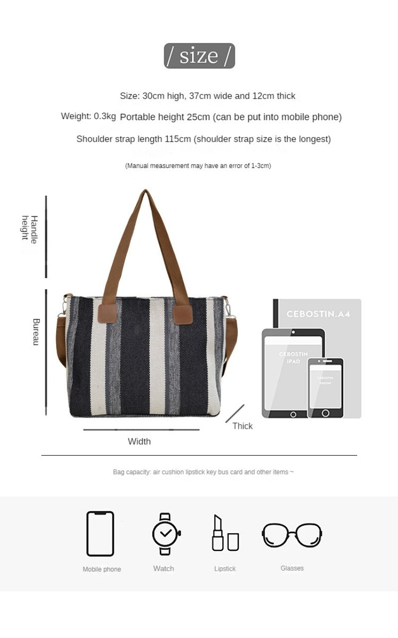 Women's Striped Canvas Crossbody Shoulder Bag - Large Tote 2023