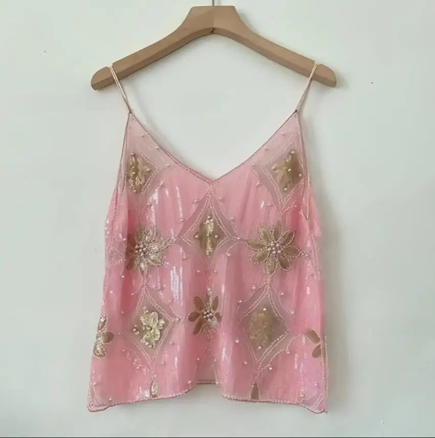 Women's Sequined Beaded Mesh Sparkly Cami Top