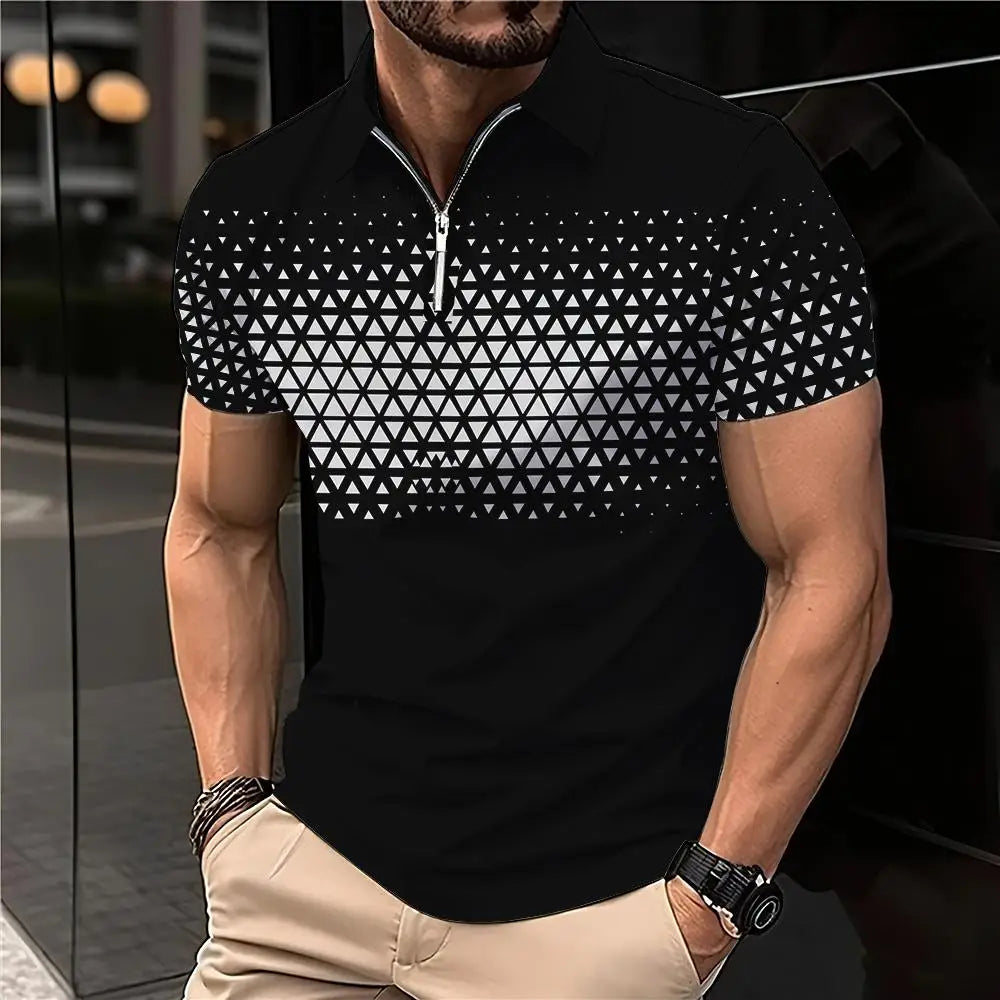 Men's 3D Print Striped Polo T-Shirt