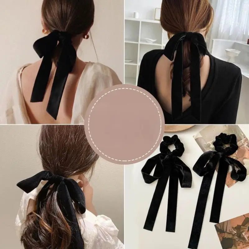 Vintage Black Velvet Bow Hair Ribbon Scrunchie - Long Elastic Hair Tie - lily supply