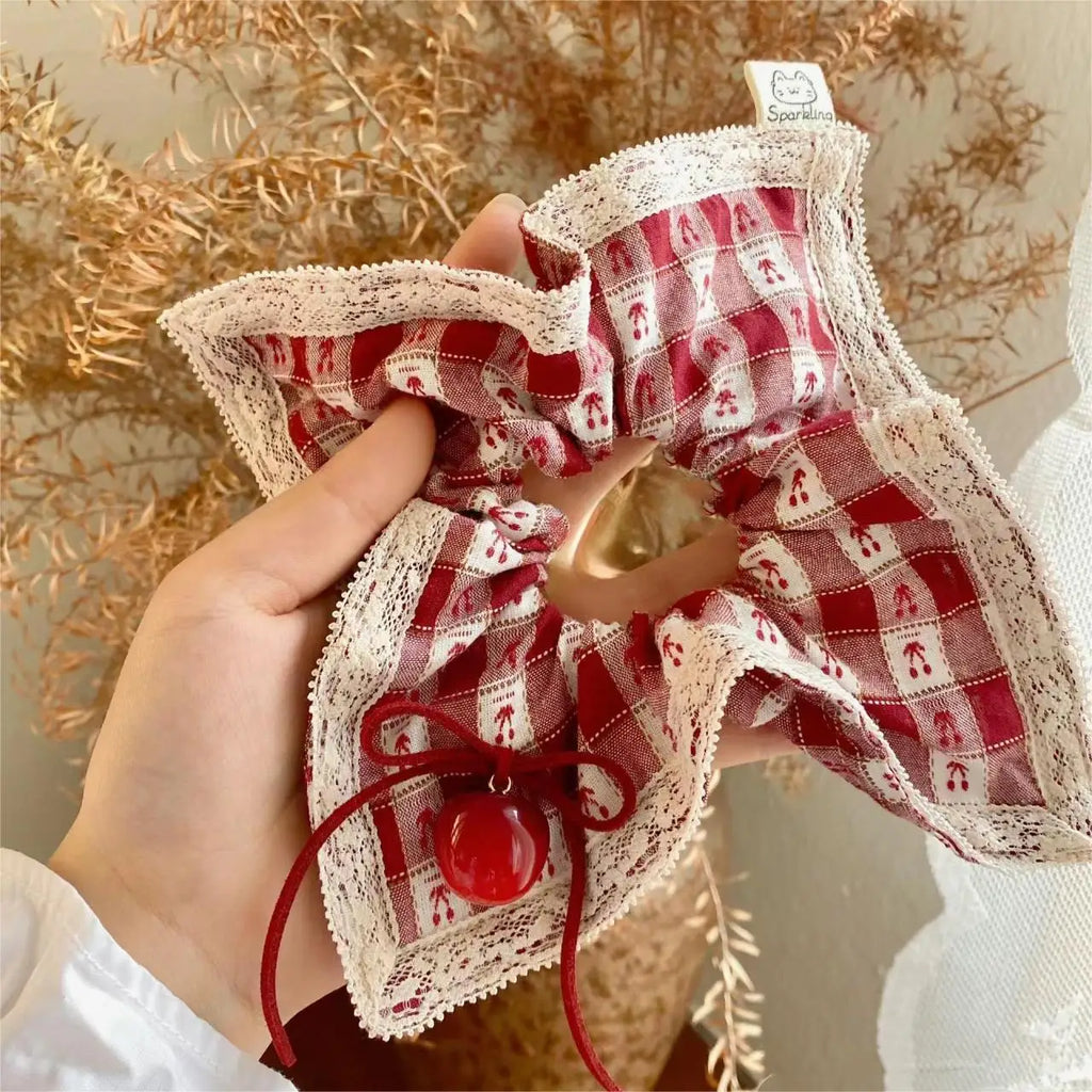 Red Check Cherry Lace Scrunchie - Sweet Square Scarf Hair Rope
