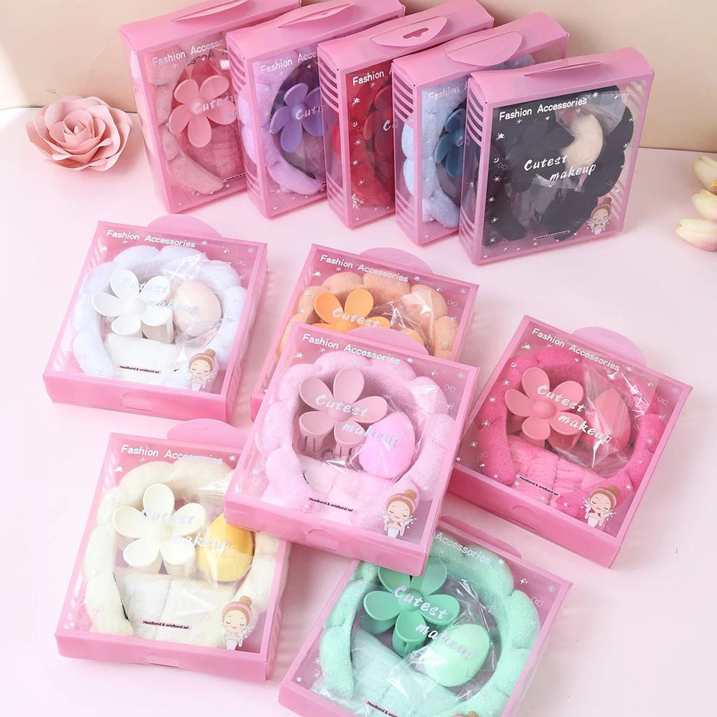 5 Pcs Girls Sponge Spa Headband Face Wash Large Flower Hair Claw Clip Facial Hairband Hair Accessories Set with Delicate Box - lily supply