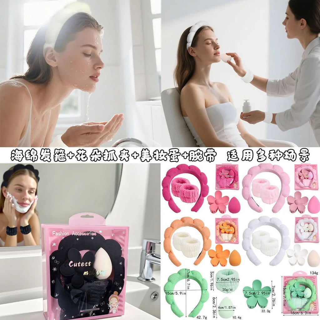 5 Pcs Girls Sponge Spa Headband Face Wash Large Flower Hair Claw Clip Facial Hairband Hair Accessories Set with Delicate Box - lily supply
