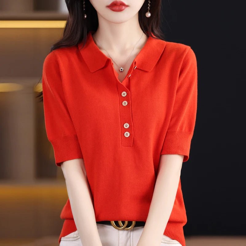 Women's T-shirt Summer 100% Cotton Sweater Short Sleeve Casual Knitwear POLO Collar Ladies' Tops Loose Pullover Tees Buttons - lily supply