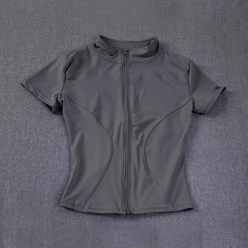 Women's Waist Slimming Yoga Shirt - Full Zip Stand Collar Short Sleeve