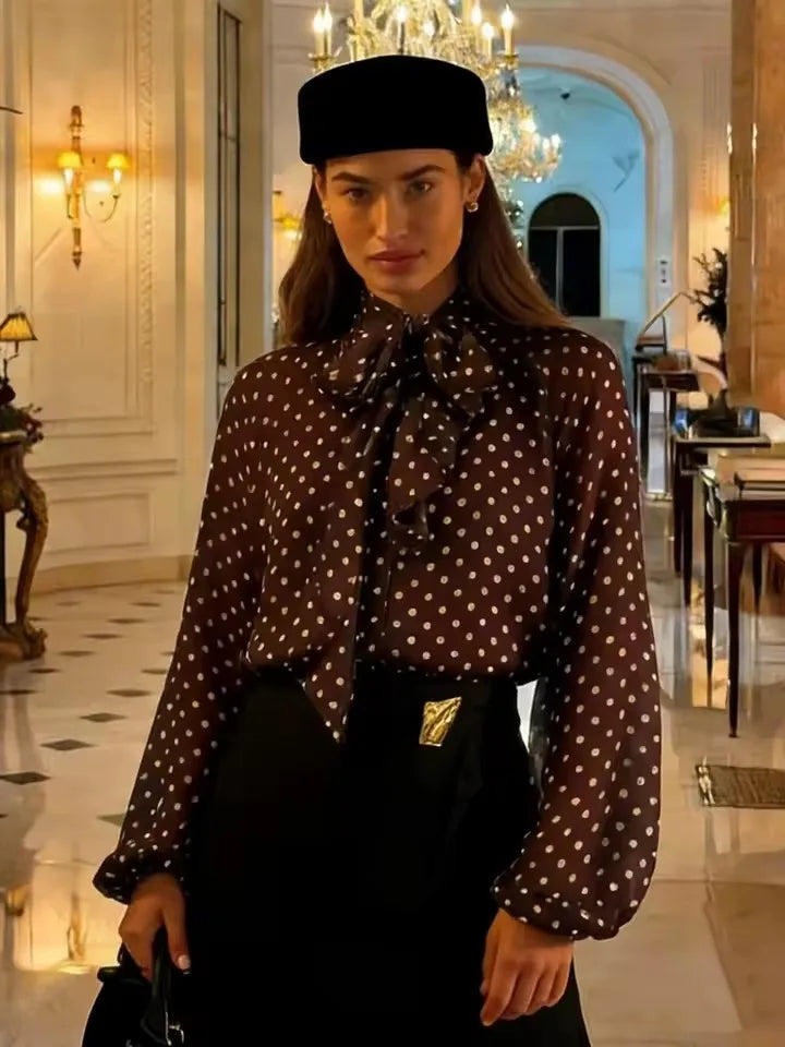 Women's Dot Print Chiffon Lantern Sleeve Blouse