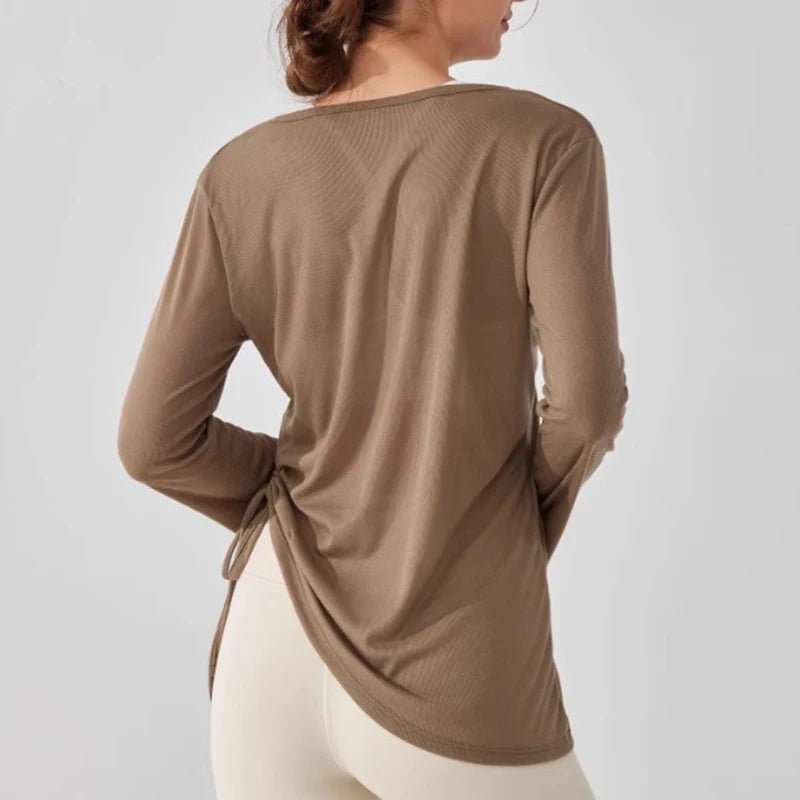 Women's yoga sports T-shirt, drawstring light thin sports loose hip covering irregular fitness long sleeved cover shirt - lily supply