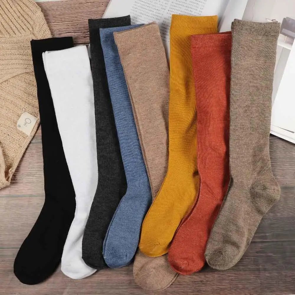 Women's JK Cotton Knee High Long Socks - Solid Colour Black White Calf Socks - lily supply