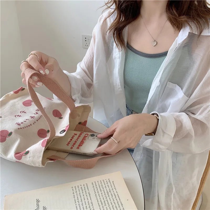 Japanese Peach Canvas Lunch Bag - Korean Mini Student Picnic Travel Bento Tote - lily supply