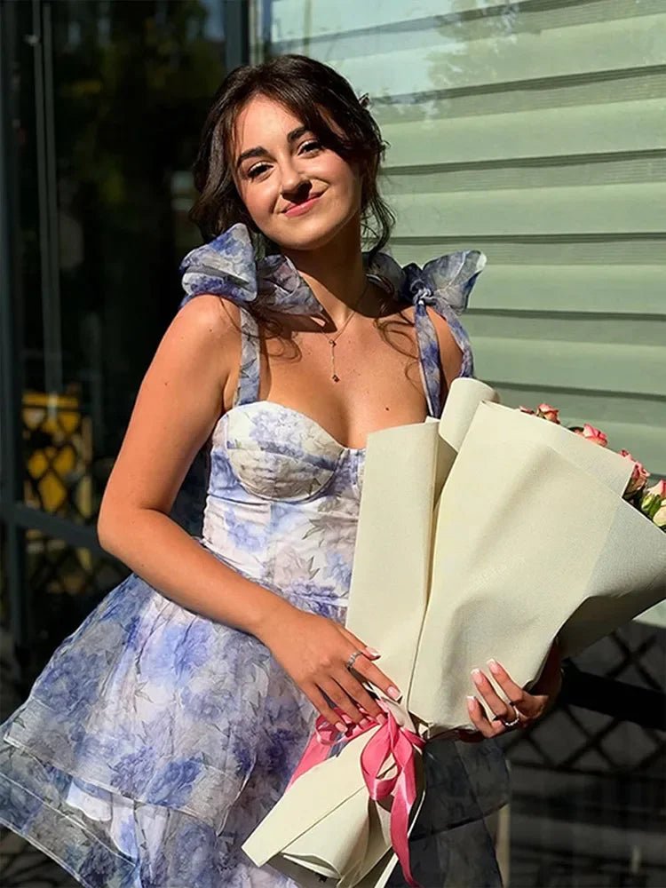 Elegant Printed Short Dresses Women Chic Lace Up Sleeveless Puff Dress Female Summer Holiday High Waist Lady Vestidos Beachwear - lily supply