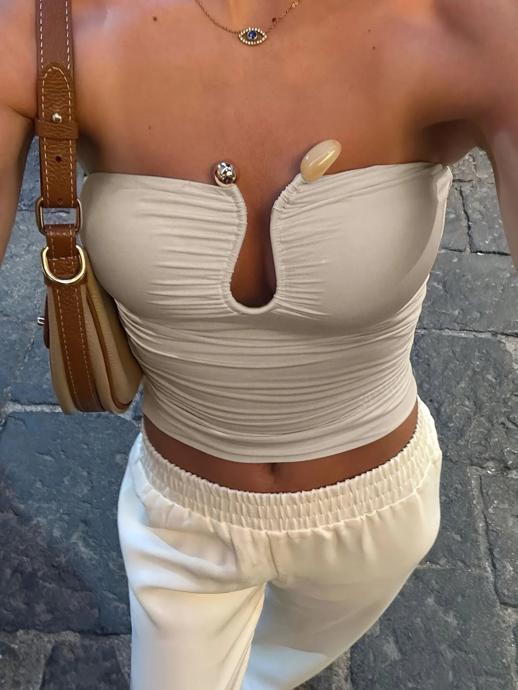 Women's Sexy Backless Pleated Crop Top - U-Shape Hollow Design