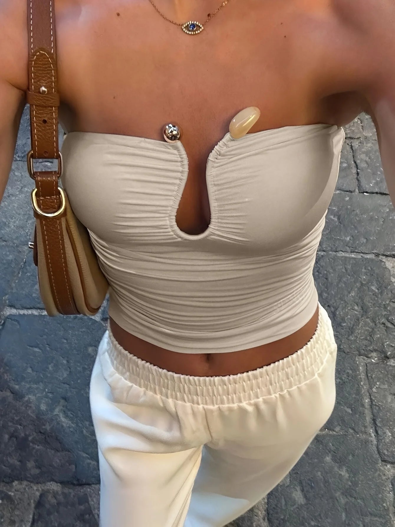 Women's Sexy Backless Pleated Crop Top - U-Shape Hollow Design