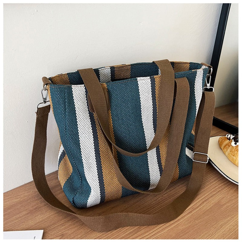 Women's Striped Canvas Crossbody Shoulder Bag - Large Tote 2023