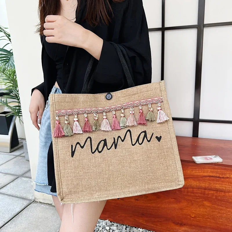 Mama Letter Print Linen Tote Bag - Large Capacity Baby Diaper Shoulder Bag