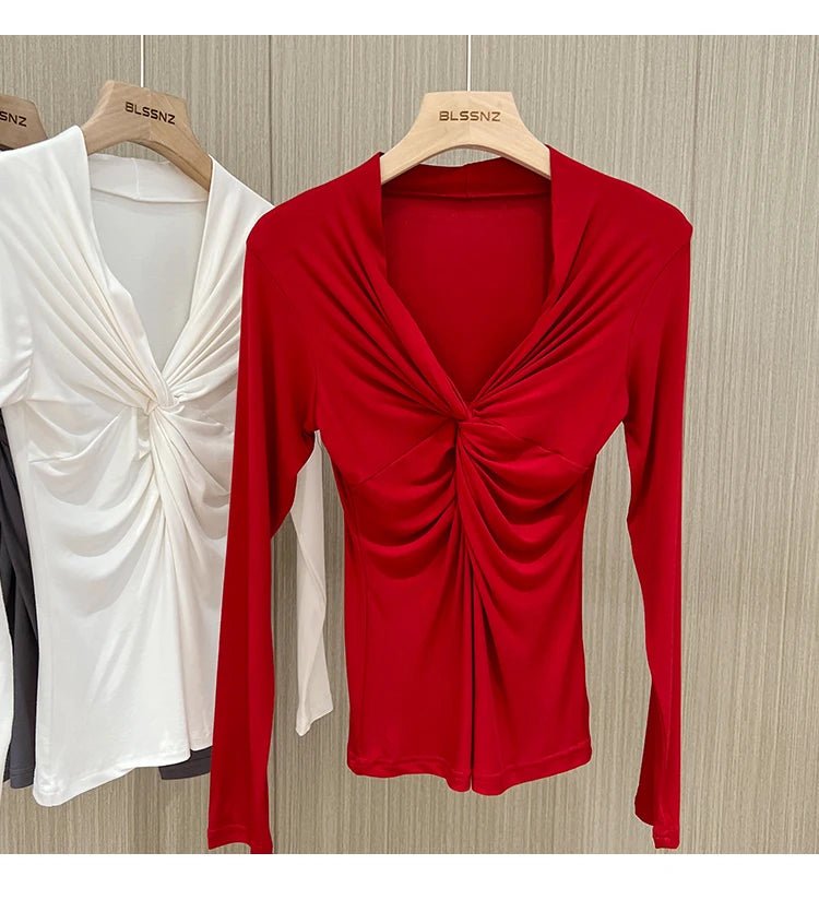 Girls Cotton Twisted V - neck T-Shirts Tees Female Long Sleeve High Elasticity Elegant Stretchy Tshirt Tops For Women - lily supply