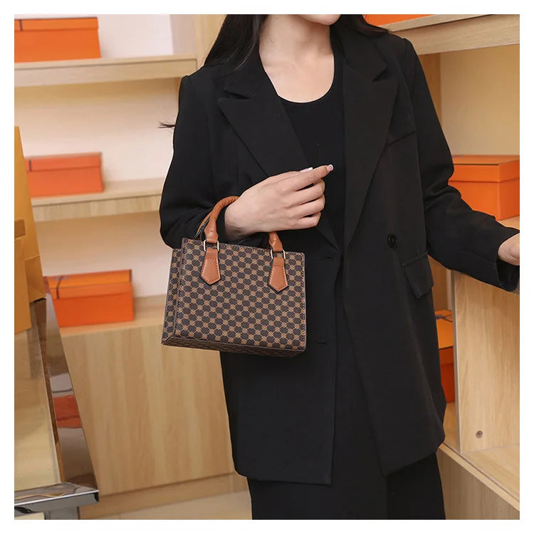 Women's PU Leather Plaid Crossbody Shoulder Bag - Square Top Handle