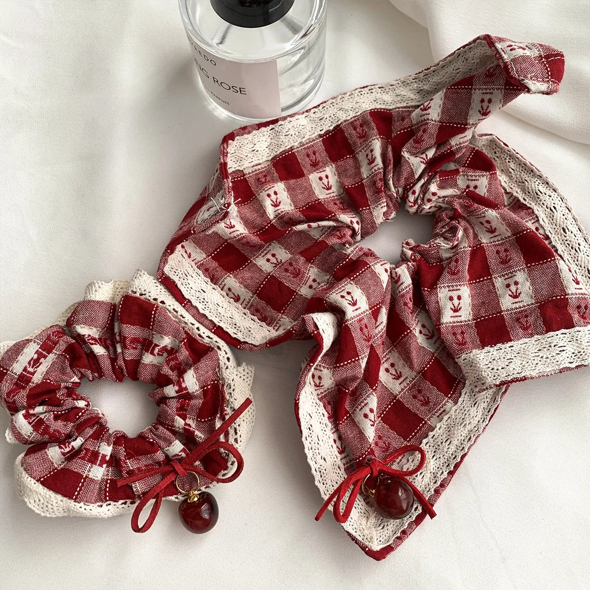 Red Check Cherry Lace Scrunchie - Sweet Square Scarf Hair Rope