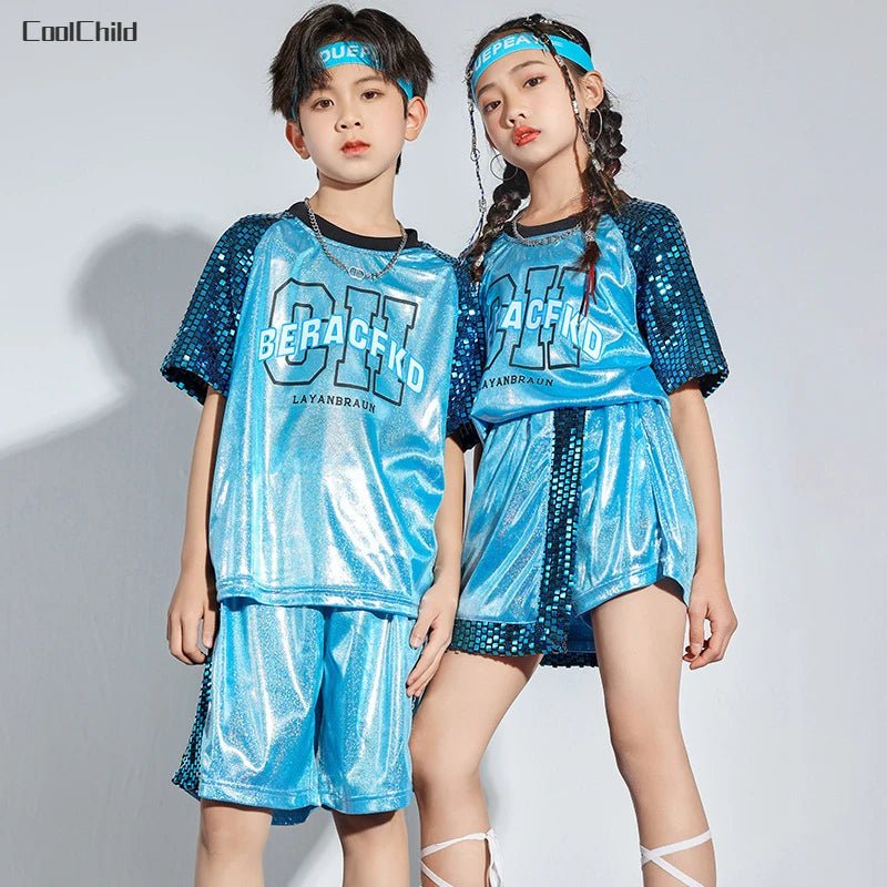 Girls Hip Hop Shine T-shirt Street Dance Skirts Boys Tee Silver Shorts Clothes Sets Kids Jazz Outfits Child Summer Streetwear - lily supply