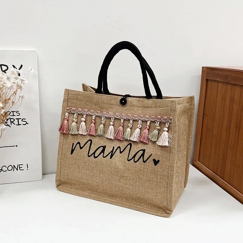 Mama Letter Print Linen Tote Bag - Large Capacity Baby Diaper Shoulder Bag - lily supply