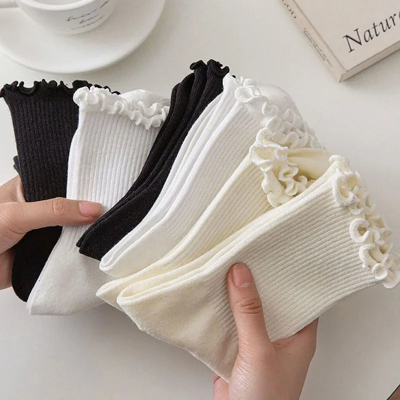 Women's Ruffle Mid Tube Ankle Socks - Breathable Cotton Black White Beige