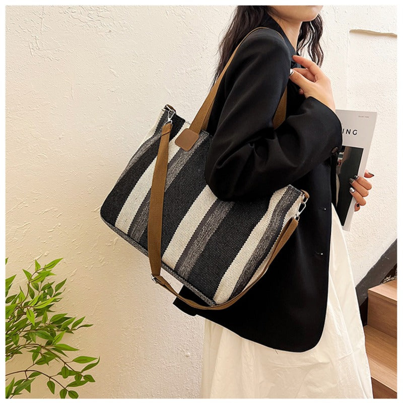 Women's Striped Canvas Crossbody Shoulder Bag - Large Tote 2023