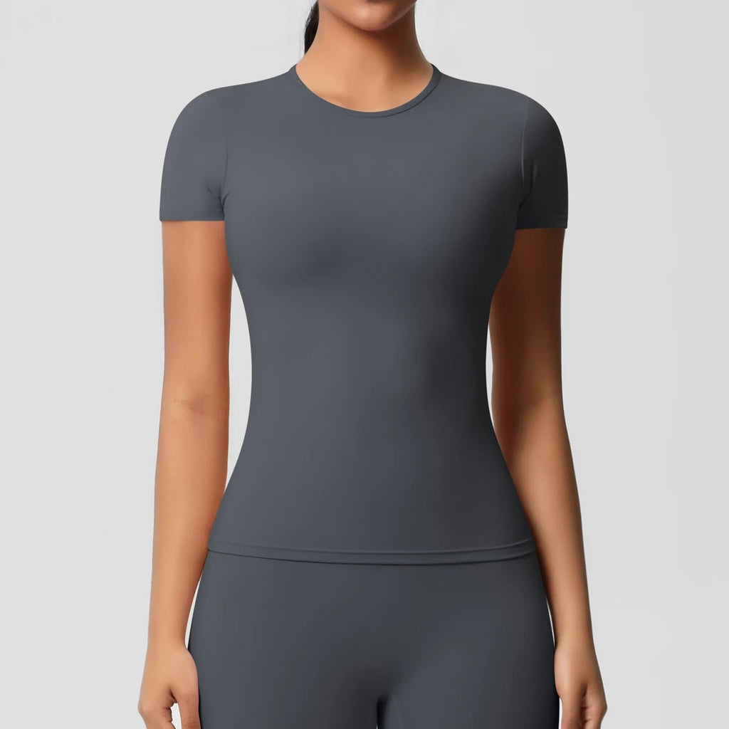 Women Running Sports T Shirt Summer Short Sleeve Round Neck Breathable Stretchy GYM Yoga Slim Fitness Active Top - lily supply