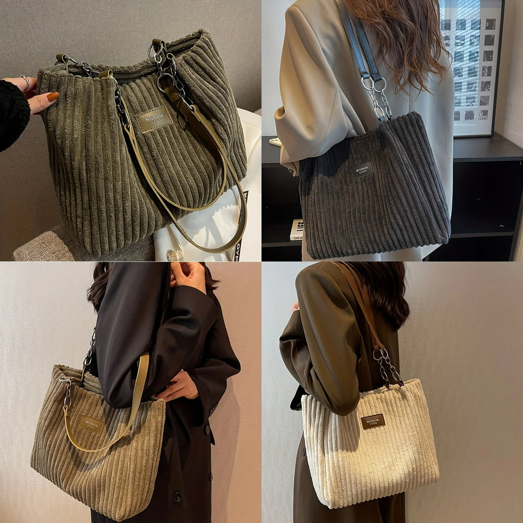 Women's Corduroy Plush Tote Bag - Large Capacity Commuter Travel Shoulder Bag