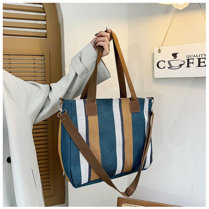 Women's Striped Canvas Crossbody Shoulder Bag - Large Tote 2023