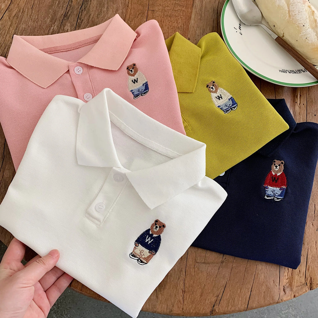 Kids Cartoon Bear Print Polo Shirt