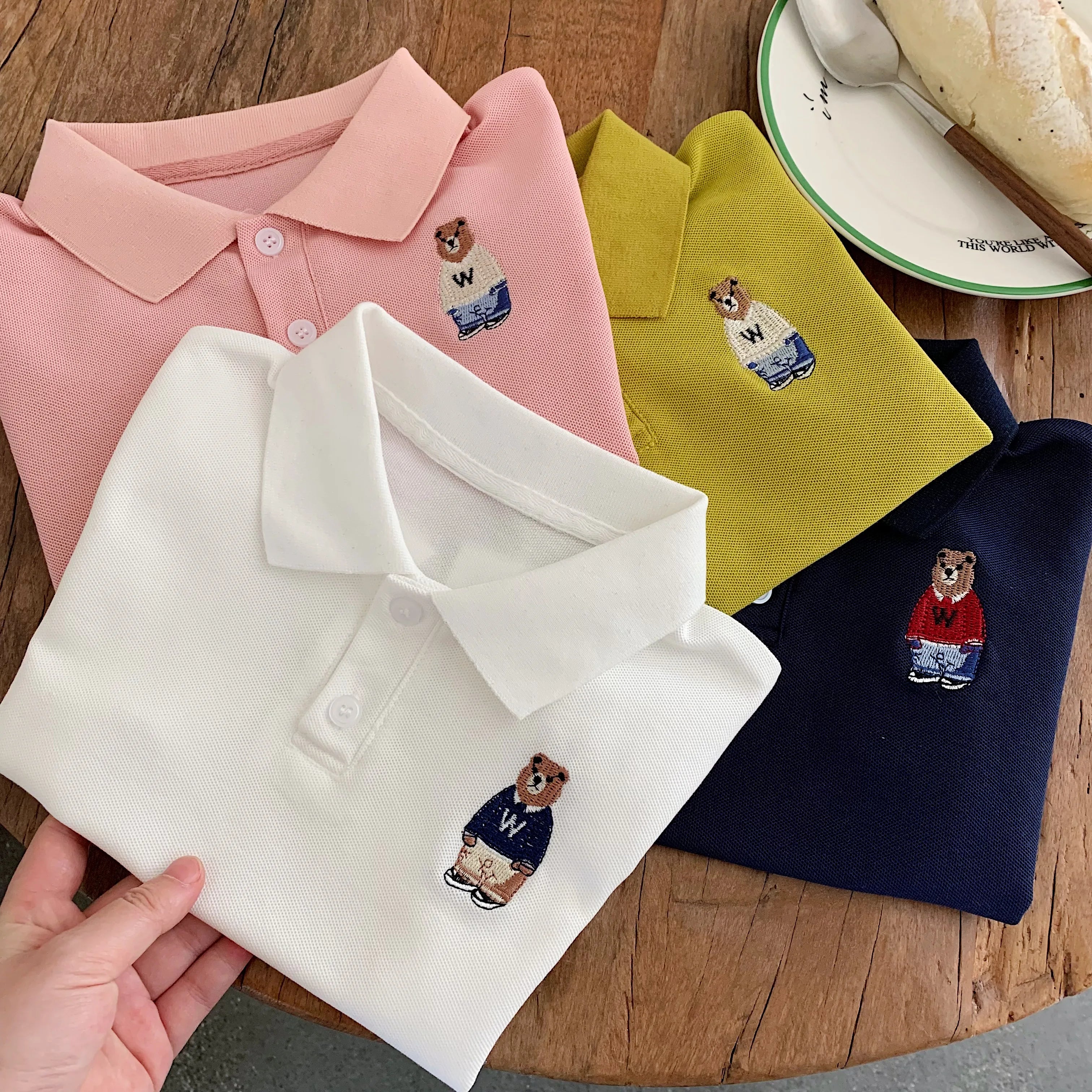 Kids Cartoon Bear Print Polo Shirt