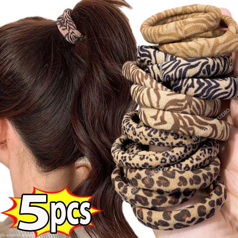5pcs Leopard Print High Elastic Scrunchie Hair Ties - Ponytail Holders - lily supply