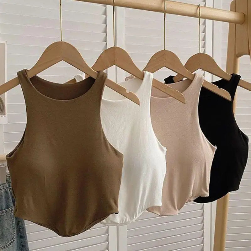Summer Women Tank Tops Camisole  With Padded Bra Solid Color Sexy Off Shoulder O Neck Elastic Sport Vest  Push Up Base Shirt