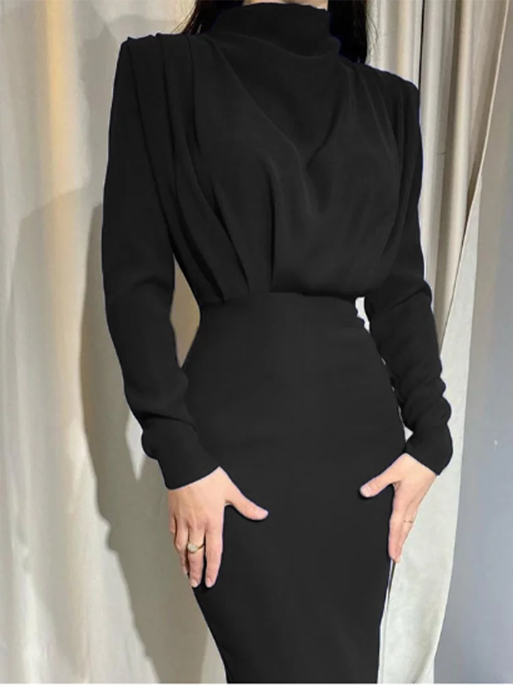 Women's Pleated Long Sleeve High Waist Dress