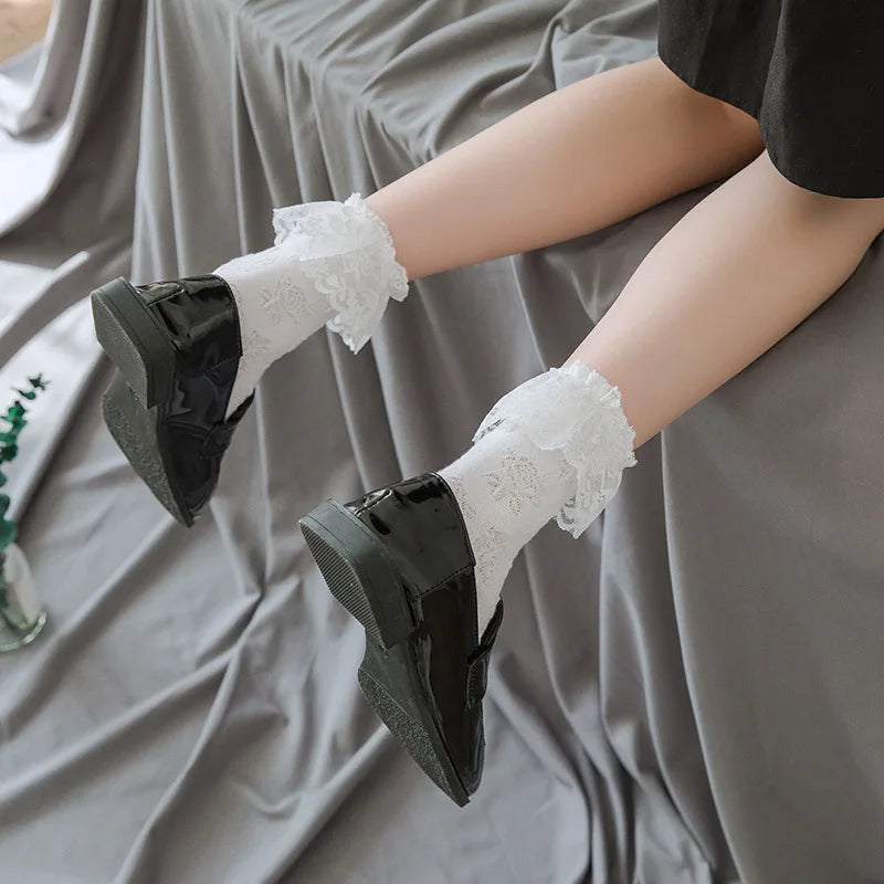 Women's Lolita Lace Ruffle Mesh Socks - Black White Sweet Japanese Fashion